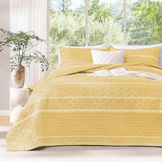 Yellow Oversized Super King Quilt Set, 3 Pieces Striped Bedspread | Boho Soft - Image 2