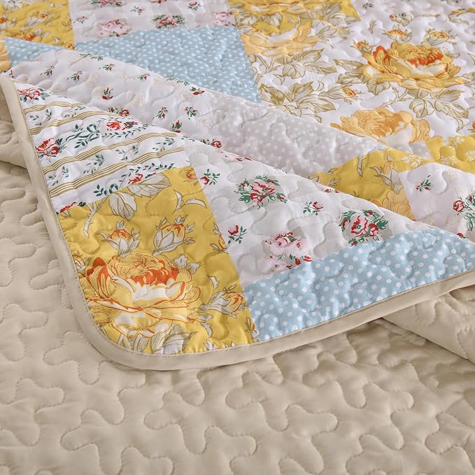 Yellow Patchwork Quilt Set King Size, Rose Floral Plaid Bedspread | 3 Pcs - Image 7
