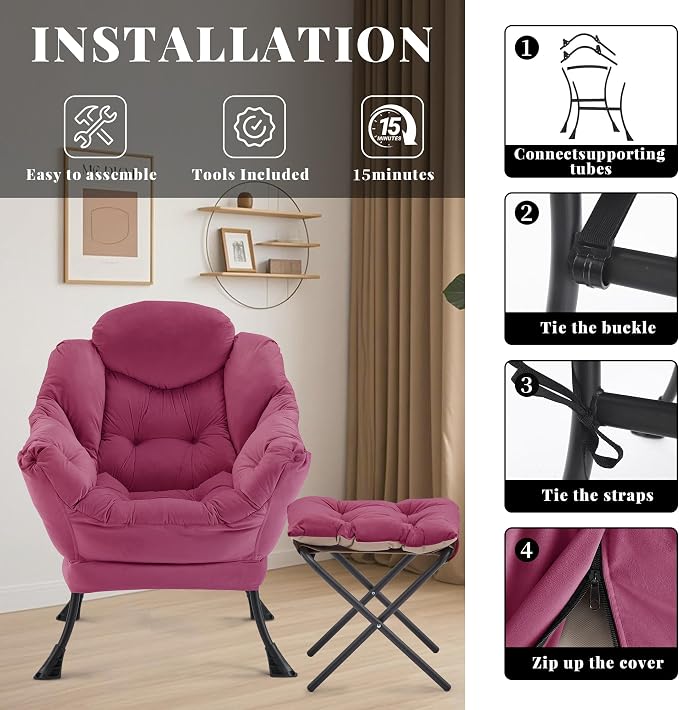 Lazy Chair with Ottoman, Comfy Reading Chair, Burgundy | Cushioned Seat with - Image 8