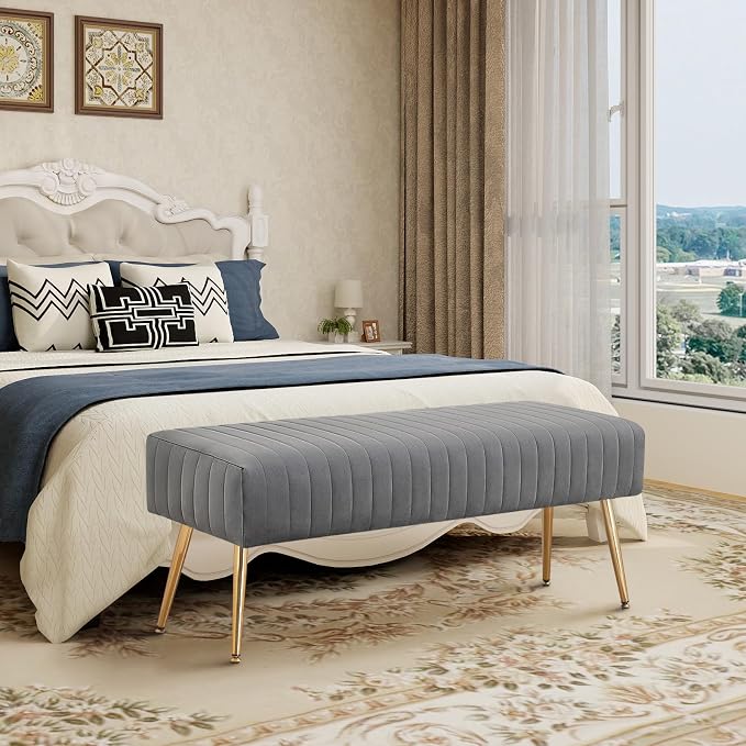 Furnimart 44 Inch Gray Velvet Modern Ottoman Bench, Modern Upholstered Bedroom - Image 2