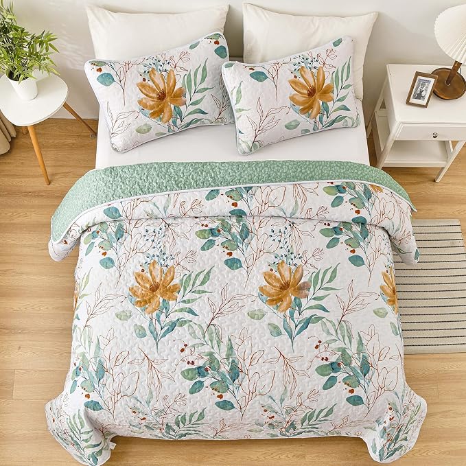 Anibedding Floral Quilt Set Full, 3 Pieces Reversible Elegant Green Leaves - Image 2
