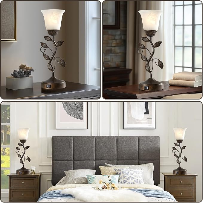Set of 2 Touch Farmhouse Bedroom Table Lamps 2 USB C+A | Nightstand Vintage - Image 4