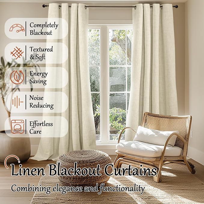 Cream Linen Blackout Curtains 84 Inch Long Each 60 Wide 2 Panels | Thermal - Image 2