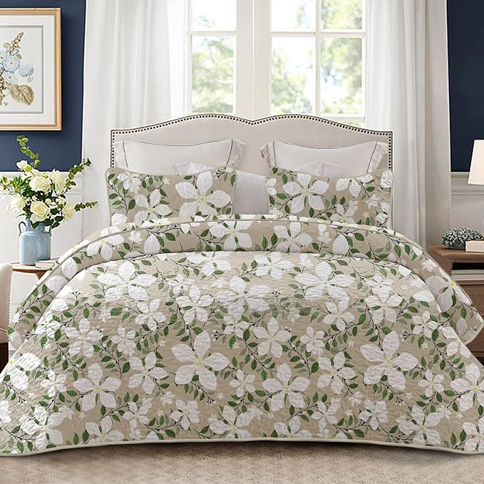 Whale Flotilla California King Size Quilt Set, Soft Floral Leaf Bedspreads | by WHALEFLOTILLA