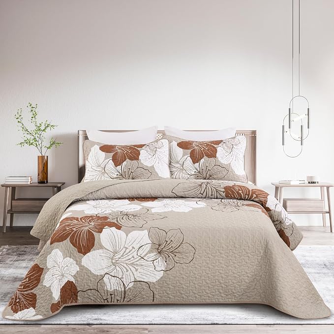 DJY Fall Quilt King Size, Taupe Floral Bedspread Coverlet Bedding Set 3 Pcs | by HOME