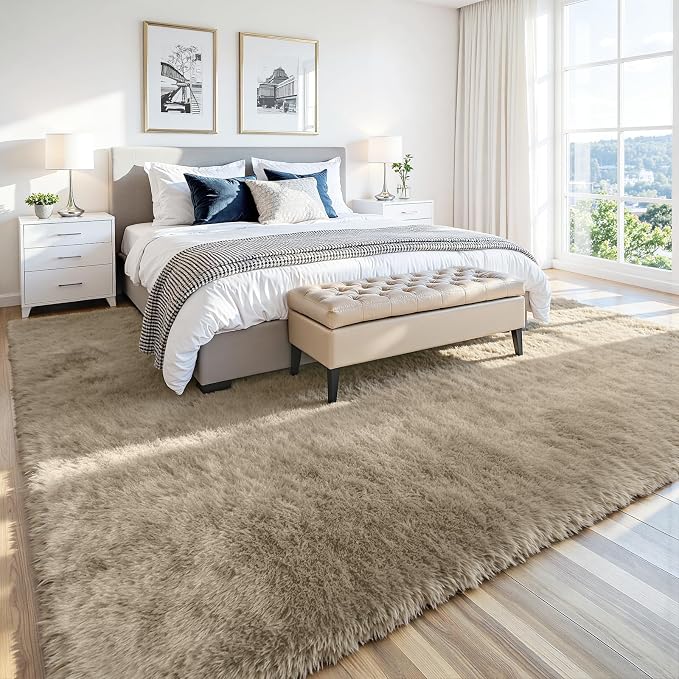 9x12 Fluffy Area Rug for Living Room: Non-Slip Grey Camel Bedroom Carpet | - Image 3