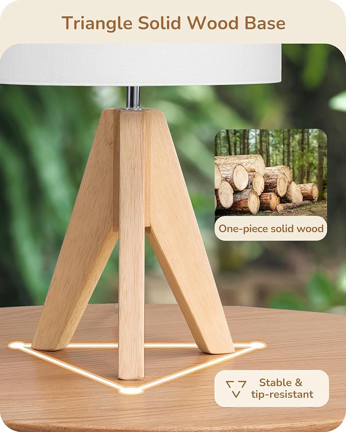 EDISHINE Small Cute Table Lamp, Wood Tripod Nightstand Lamp, 14.2 Inch | ON/Off - Image 2