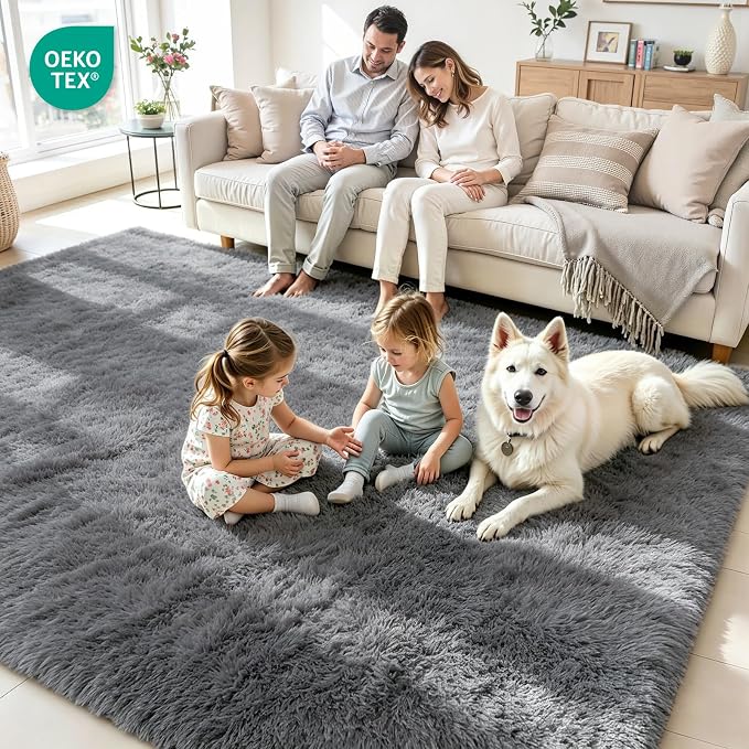 5x7 Fluffy Area Rug for Living Room: Non-Slip Light Grey Bedroom Carpet | Ultra - Image 4