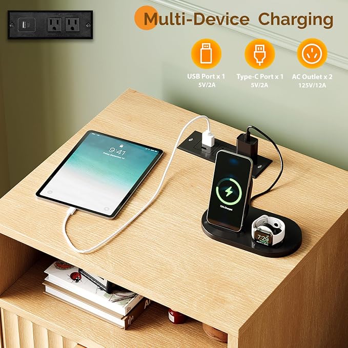 VINGLI Fluted Nightstand with Charging Station, Wood Nightstand with 2 Drawers - Image 4