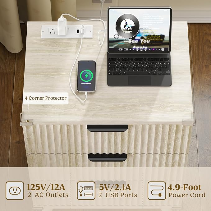 Wood Bedside Table w/Charging Station, 3 Drawers Fluted Dresser | Grey White - Image 5