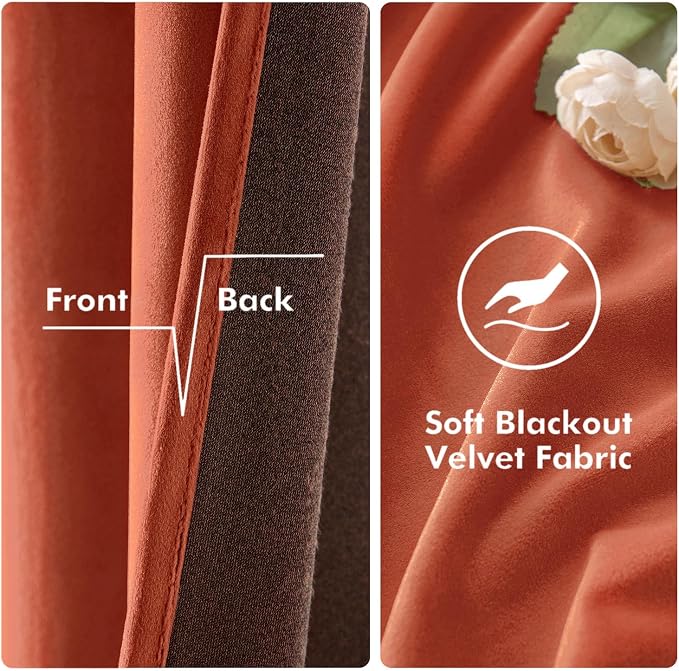MIULEE Fall Burnt Orange Velvet Curtains 52 x 90 Inch Length Set of 2 | Grommet - Image 3