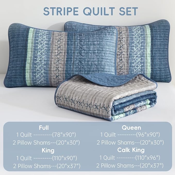Cottolester Blue Quilt Set California King, Boho Striped Quilted Bedding Set | - Image 7