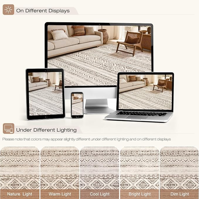 cotiled Boho 9x12 Area Rug for Living Room: Large Moroccan Washable Rug | Stain - Image 8