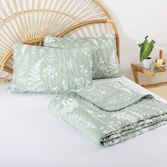 JANZAA Quilt King Size, Sage Green Quilt Floral Bedspread 3 Pcs Bedding Set | - Image 6