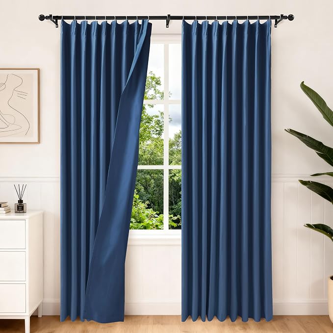 Etherealveil Navy Blue Pinch Pleated Blackout Curtains 2 Panels 60"x102" | Back by Etherealveil