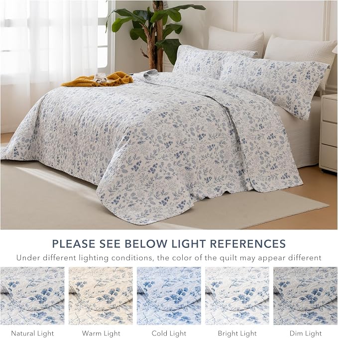 QSH Blue & White Floral Cotton Quilt Set Queen, 3 Pieces Botanical Flower - Image 7