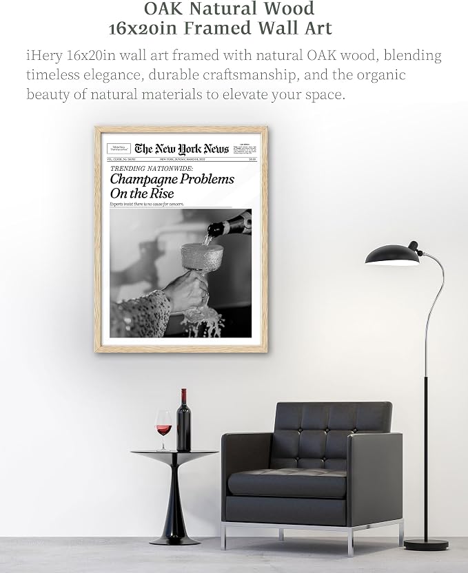 iHery 16x20in Champagne Problems on the Rise Framed Newspaper Art | Natural OAK - Image 3