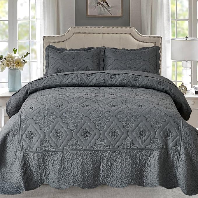 Cmfshape Floral Embroidery Quilt Set, 3 Pieces King Quilt Bedding Set, Classic by cmfshape-quiltset
