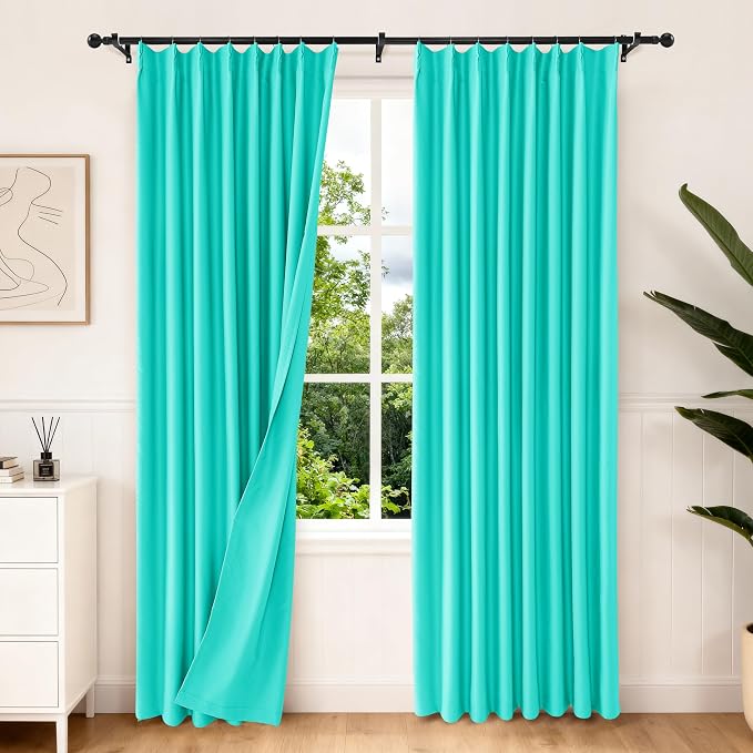 Etherealveil Turquoise Green Pinch Pleated Blackout Curtains 2P 52"x96" | Back by Etherealveil