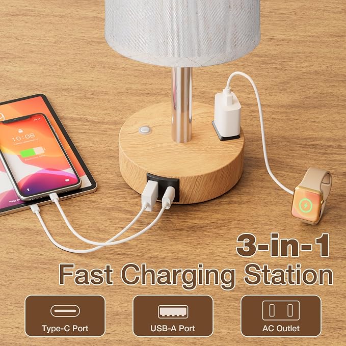 Touch Bedside Table Lamp for Bedroom, Stepless Dimmable, USB A+C, AC Outlet | - Image 4