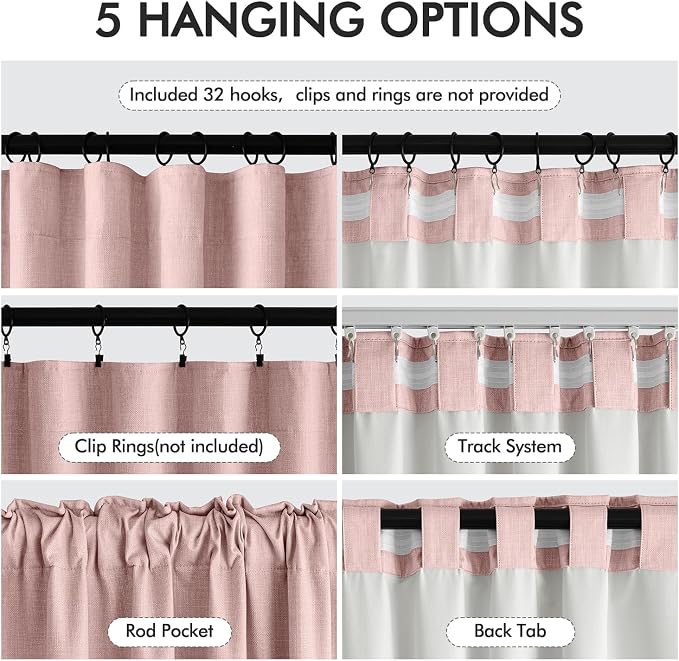MIULEE 100% Blackout Back Tab Pleat Linen Curtains 50" Wx108 L, Light Pink | 2 - Image 6