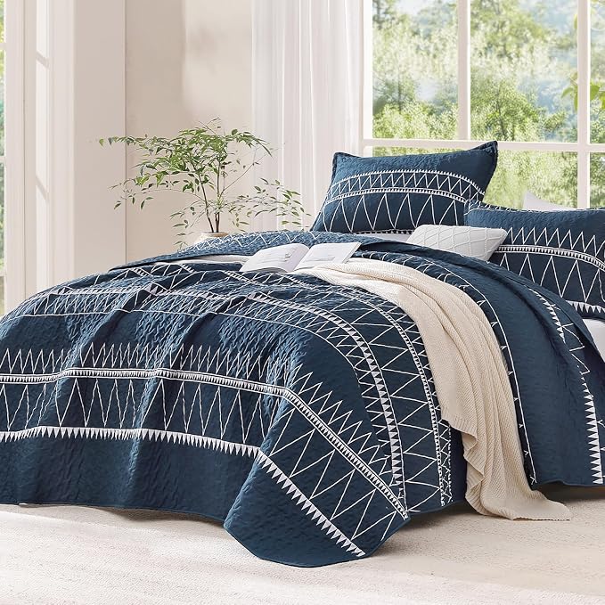 Navy California King Quilt Set, 3 Pieces Boho Striped Bedspread | Soft by Andency