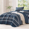 Navy King Size Quilt Set, 3 Pieces Boho Striped Bedspread | Soft Lightweight by Andency