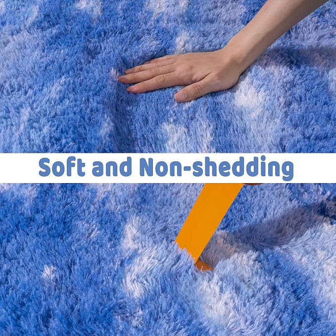 Soft Runner Rugs for Bedroom Hallways, 2x4 Abstract Blue White Fluffy Shag - Image 6