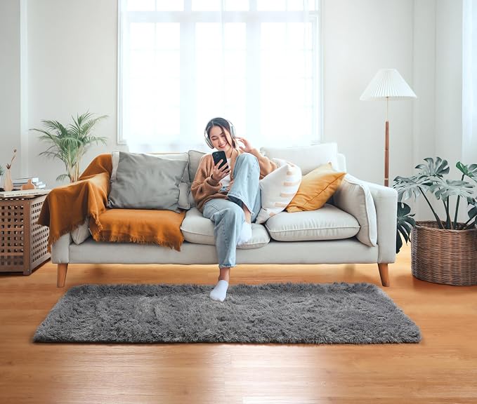 2x6 Grey Runner Rugs for Bedroom Living Room, Fluffy Bedside Hallway Throw Area - Image 6