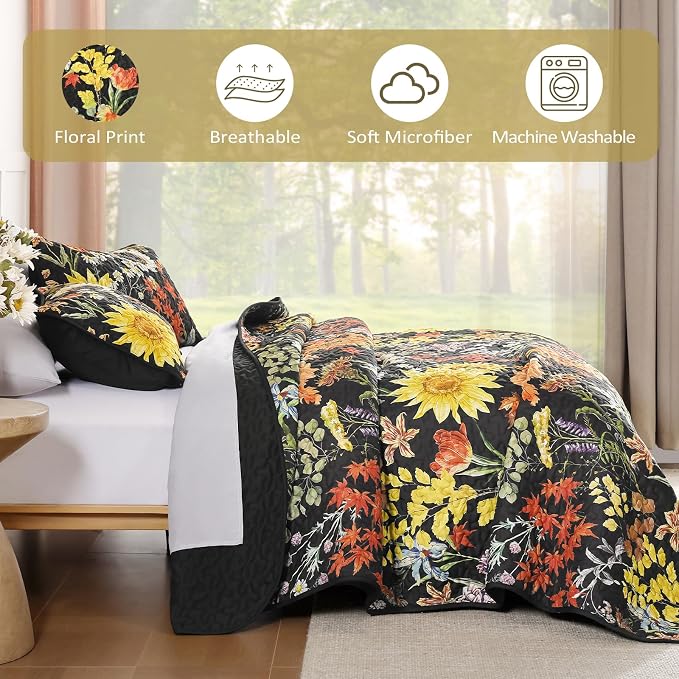 Yiran California King Quilt Black, Sunflower Floral Bedspreads Bedding Set | 3 - Image 6