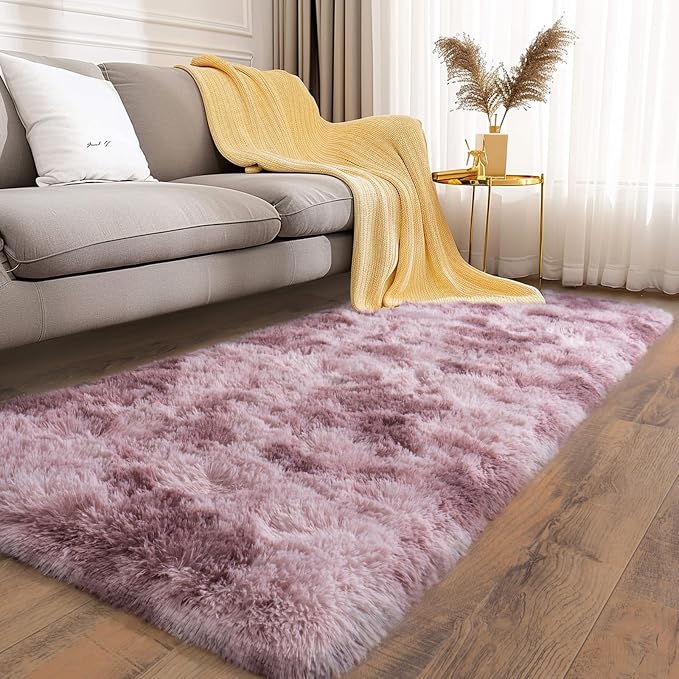 Soft Runner Rugs for Bedroom Hallways 2x6 Tie-Dyed Grey Purple | Fluffy Shag - Image 2