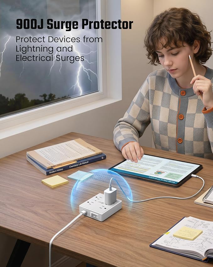 SUPERDANNY 10 Ft Long Extension Cord Flat Plug Power Strip Surge Protector | 4 - Image 4