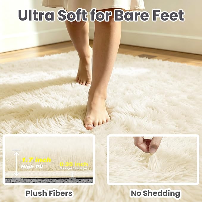 4x6 Fluffy Area Rug for Living Room: Non-Slip Cream White Bedroom Carpet | - Image 7