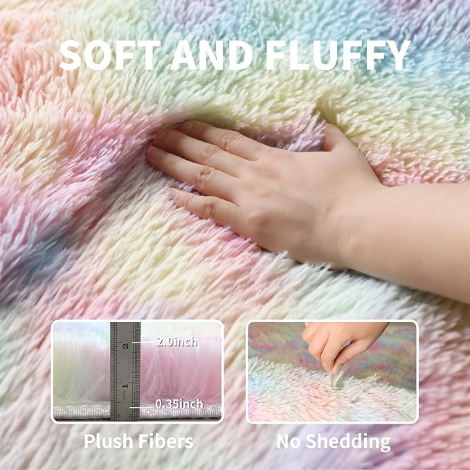 Fluffy Rainbow Large Area Rug 8x10, Soft Washable Shag Carpet | Cute plush - Image 3