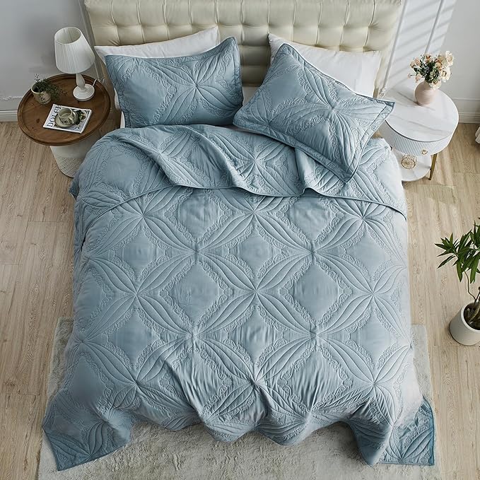 Kingnex Oversized Cal King Bedspreads 120x120 Ultrasonic Quilted Blue | - Image 4
