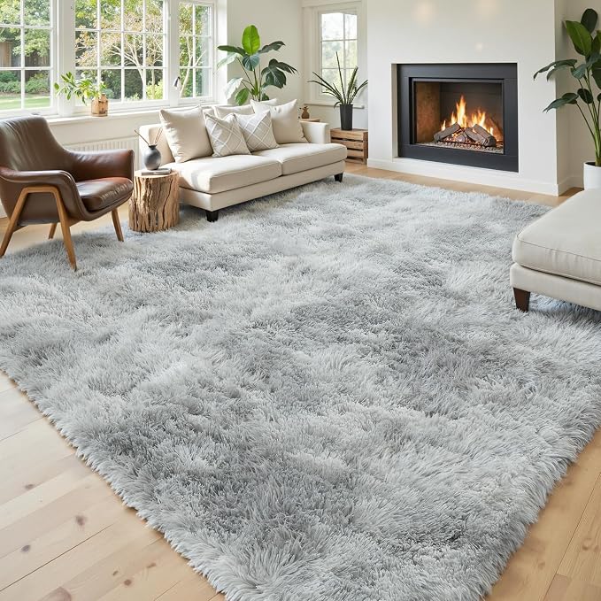 Area Rugs 9x12 Living Room, Light Grey Tie-Dyed Large Shaggy Plush Carpet | by Junhejiamei