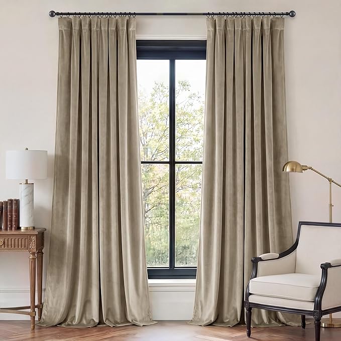 Beige Velvet Curtains for Sliding Door 108 inches, 2 Panels | Thermal Insulated by StangH