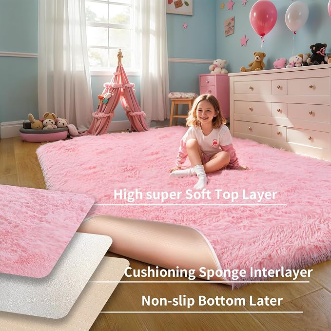 3x5 Thick Pink Fluffy Shag Rug for Girls Bedroom, Plush Carpet | Area Rug for - Image 4
