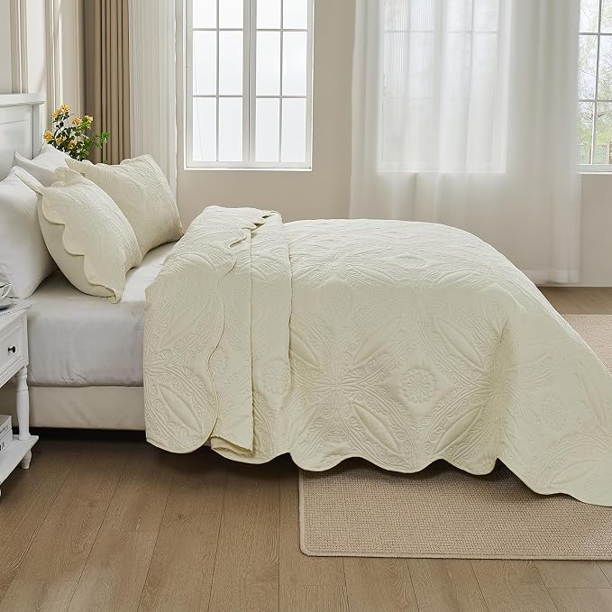 Kingnex Oversized King Bedspreads 128x120 Ultrasonic Quilted Cream | Extra Wide - Image 3
