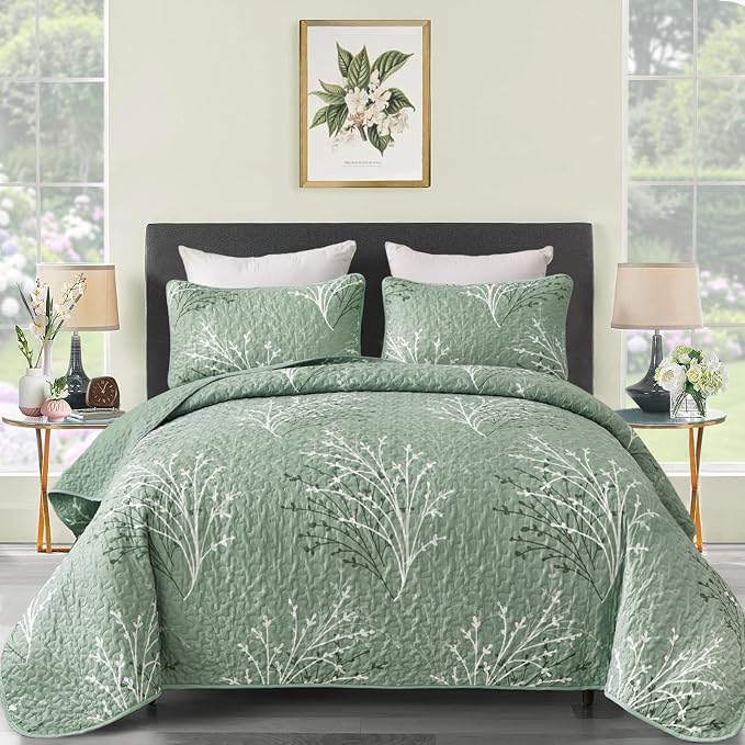 DJY Sage Green Quilt Set California King Size, Branch Botanical Coverlet | Soft - Image 8