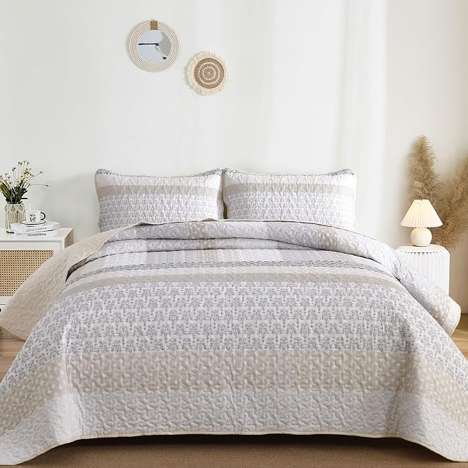 WONGS BEDDING Beige Quilt Queen Size, 3 Pieces Boho Stripe Bedspread | - Image 2