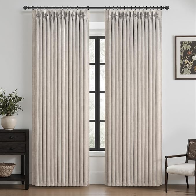 Extra Wide Greyish Beige Pleated Linen Blackout Curtains 90 Inches Long | by PleatedDrapes