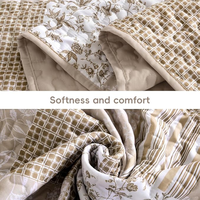 Mybedsoul Beige Boho Quilt Set Full Size, 3 Pieces Plaid Floral Bedspread Set - Image 4