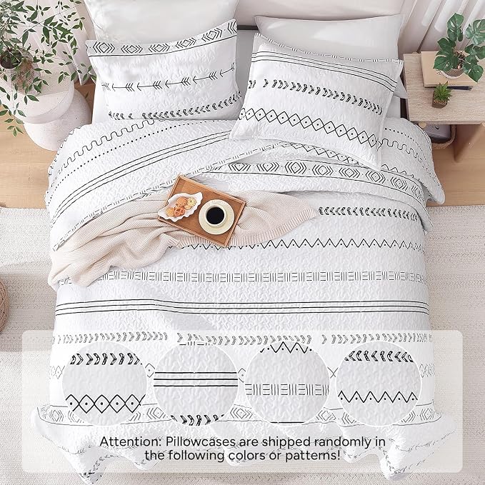 White California King Quilt Set, 3 Pieces Boho Striped Bedspread | Soft - Image 3