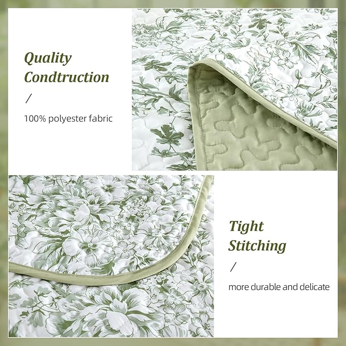 WONGS BEDDING California King Quilt Set, Sage Green Botanical Lightweight | - Image 4