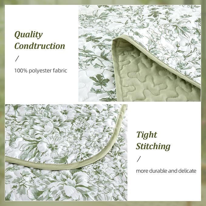 WONGS BEDDING Botanical Queen Size Quilt, 3 Pieces Bedspread Set, Sage Green | - Image 4
