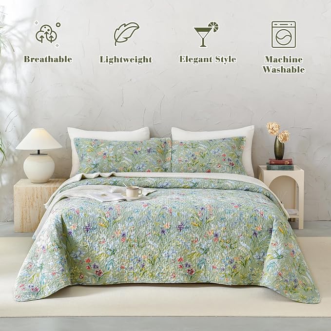 QSH 3Pcs Oversized King Bedspread Set, 100% Cotton Green Floral Quilt Bedding - Image 6