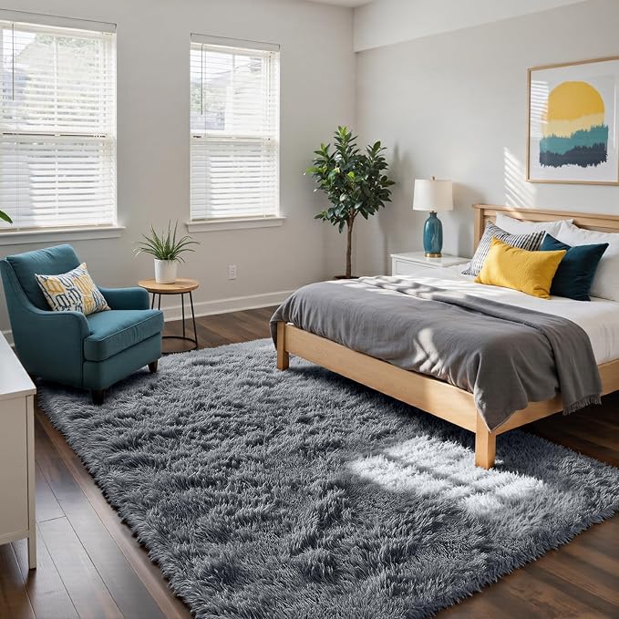 4x6 Grey Rug for Bedroom, Fluffy Shag Area Rug Small Rug Bedroom Carpet | - Image 3