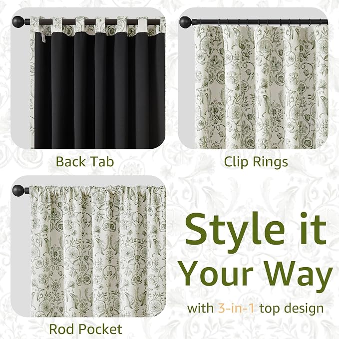 jinchan Green Floral Blackout Curtains 63 Inch Farmhouse Back Tab 2 Panels | - Image 7