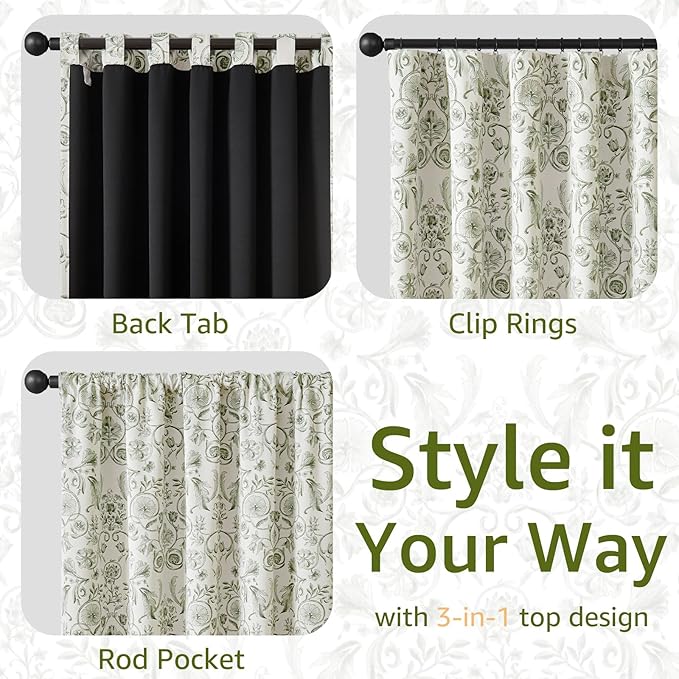 jinchan Green Floral Blackout Curtains 84 Inch Farmhouse Back Tab 2 Panels | - Image 7